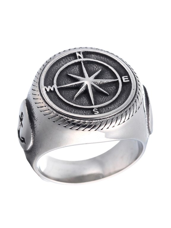 Stainless Steel Pirate Ring - Compass Signet Design Statement Jewelry (8)