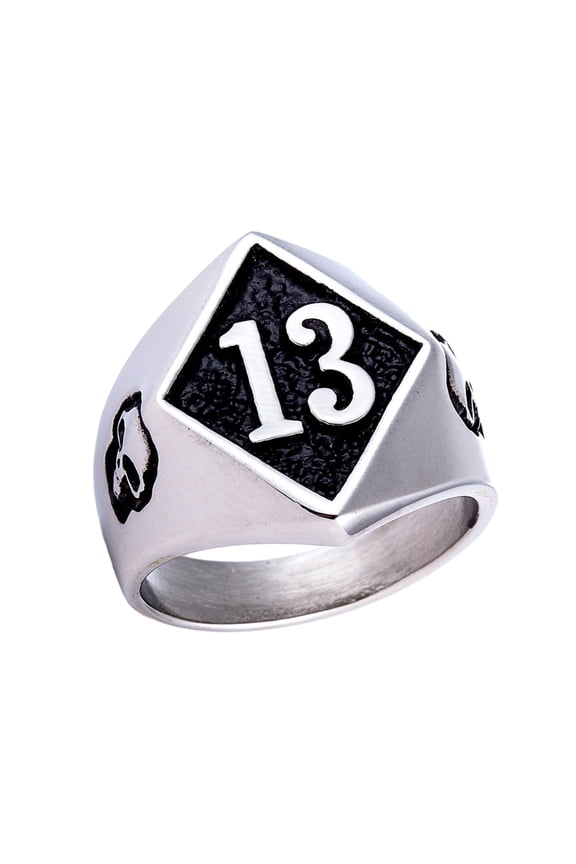 Stainless Steel Signet Ring - Motorcycle Design with Number 13 and Skulls - Biker Statement Jewelry for Men (13)