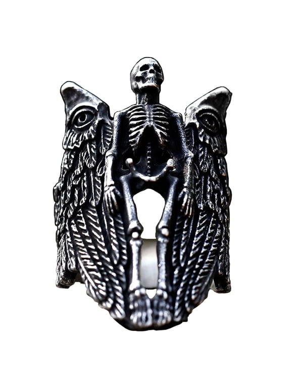 Stainless Steel Skeleton with Angelic Wings Ring Gothic Style Statement Jewelry for Men and Women (10)