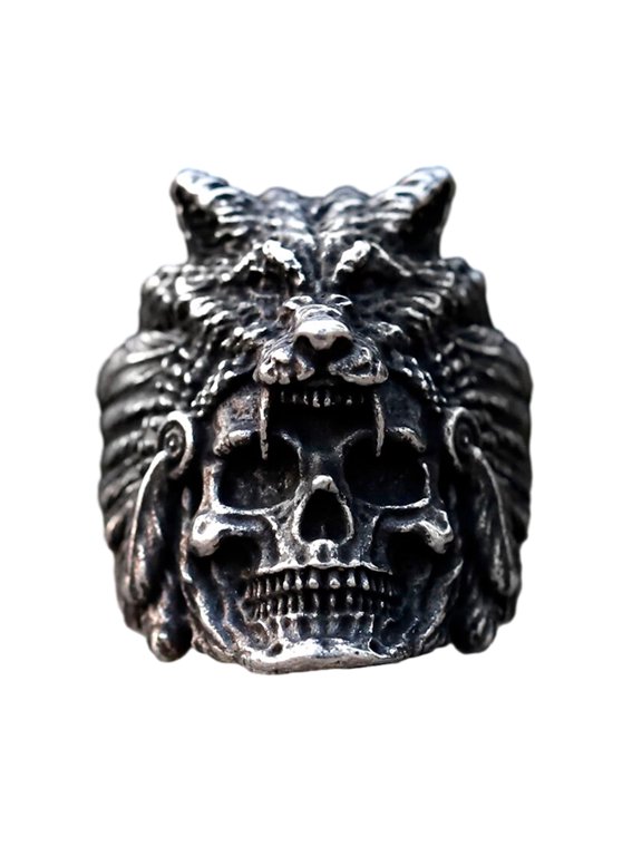 Stainless Steel Skull Ring - Druid with Beast Helmet Design Fashion Statement Ring for Men (12)