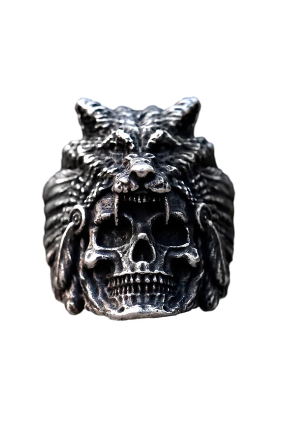 Stainless Steel Skull Ring - Druid with Beast Helmet Design Fashion Statement Ring for Men (7)