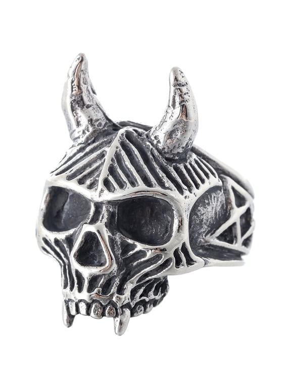 Stainless Steel Skull Ring Hellish Demon Skull with Horns and Vampire Fangs (12)