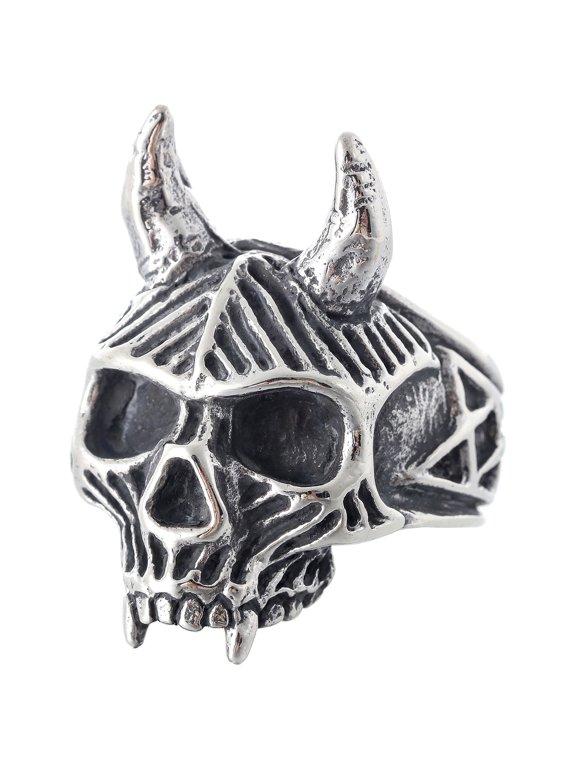 Stainless Steel Skull Ring Hellish Demon Skull with Horns and Vampire Fangs (7)