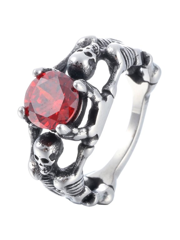 Stainless Steel Skull Ring with Dual Skeletons and Red Gemstone (10)