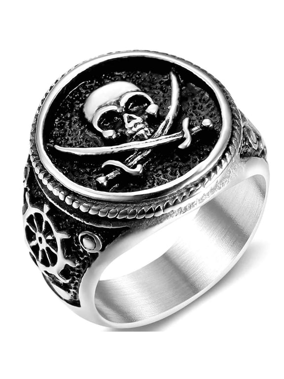 Stainless Steel Skull Signet Ring - Pirate Skull with Rudder Design Statement Ring for Men (11)