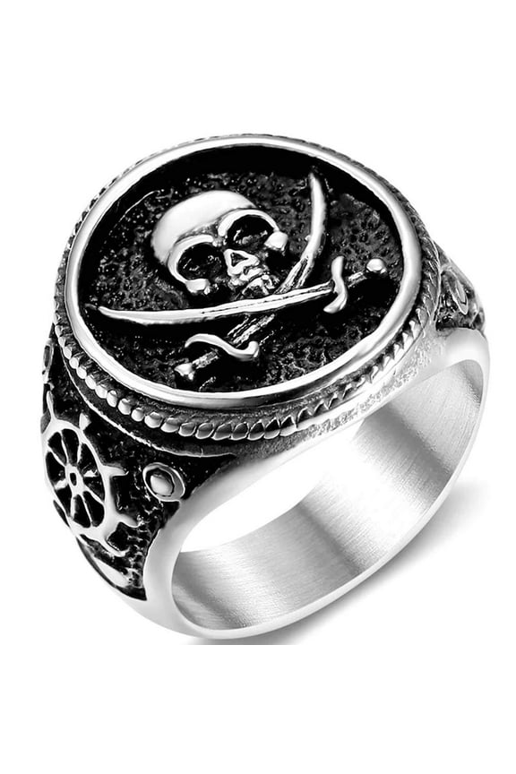 Stainless Steel Skull Signet Ring - Pirate Skull with Rudder Design Statement Ring for Men (12)