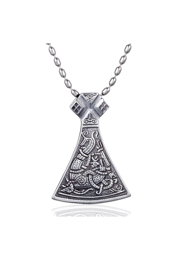 Viking Axe Head Necklace - Stainless Steel Pendant with Engraved Longship - Norse Mythology Jewelry