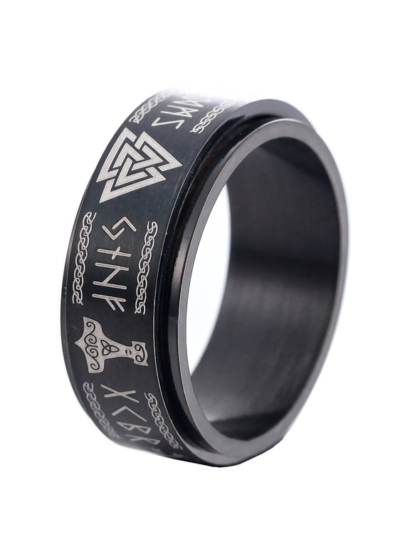 Viking Rings Stainless Steel Elder Futhark Alphabet Jewelry Valknut Thor's Hammer Runic Compass Norse Ring (12)