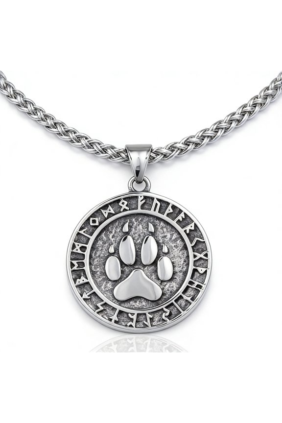 Viking Rune Pendant Necklace for Men, Norse Paw Symbol Stainless Steel Nordic Amulet Necklace, Viking Jewelry Gift