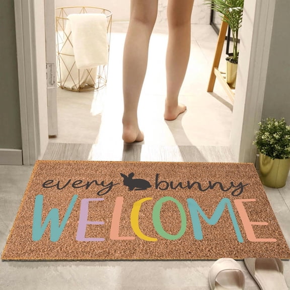 ZMYFlora Funny Easter Doormat with "Every Bunny Welcome" Text, Non-Slip Polyester Front Door Mat, Humorous Easter Decor for Indoor Outdoor Porch, Entryway