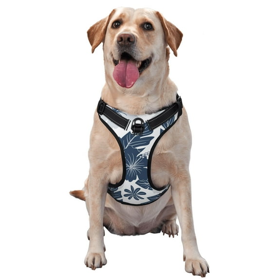 ZNDUO Blue Botanical Flowers Pattern Dog Harness, Adjustable Reflective Pet Harness with Dog Leash