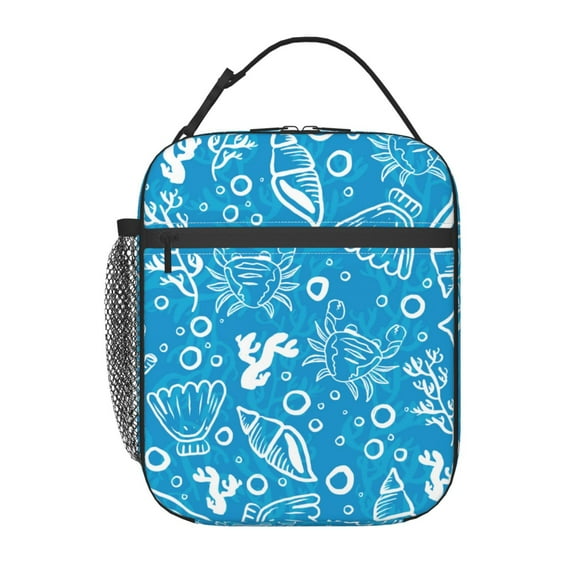 ZNDUO Blue Cartoon Sea Creature Graffiti Pattern Lunch Bag, Reusable Leakproof Tote for Office, Work, School, Beach or Travel