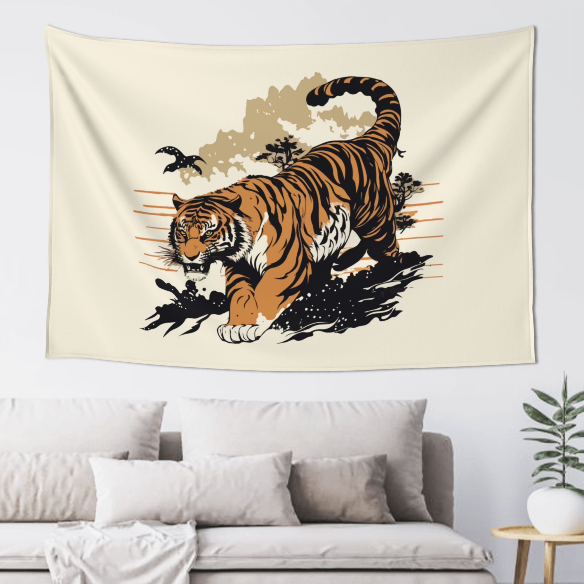 洋書 shaped Tapestry ZNDUO Colorful Vintage Style Japanese Tiger Tapestry, Wall