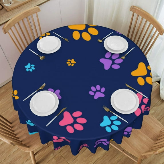 ZNDUO Cute Pet Dog Cartoon Paw Pattern Round Tablecloth, Anti-fouling and Anti-wrinkle Washable Polyester Table Cloth, 60 inch