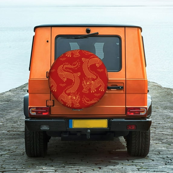 ZNDUO Hand Drawn Dragon Red Pattern Spare Tire Cover, Universal Fit for Jeep Trailer RV SUV Camper Vehicle Waterproof Dust Tire Cover 15 inch
