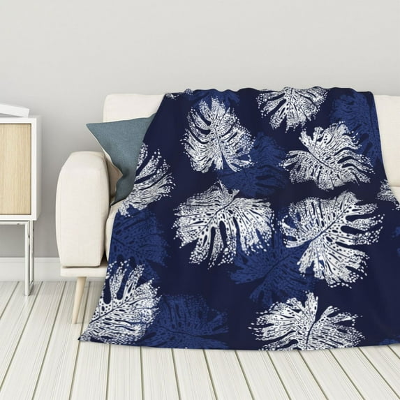 ZNDUO Lightweight Microfiber Bed Blanket, Blue Tropical White Leaves Pattern Super Soft Flannel Cozy Throw Blankets, 40"x30"