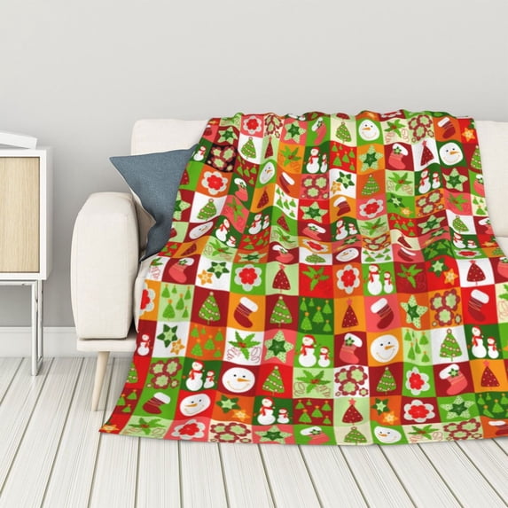 ZNDUO Lightweight Microfiber Bed Blanket, Christmas Checker Elements Art Pattern Super Soft Flannel Cozy Throw Blankets, 80"x60"
