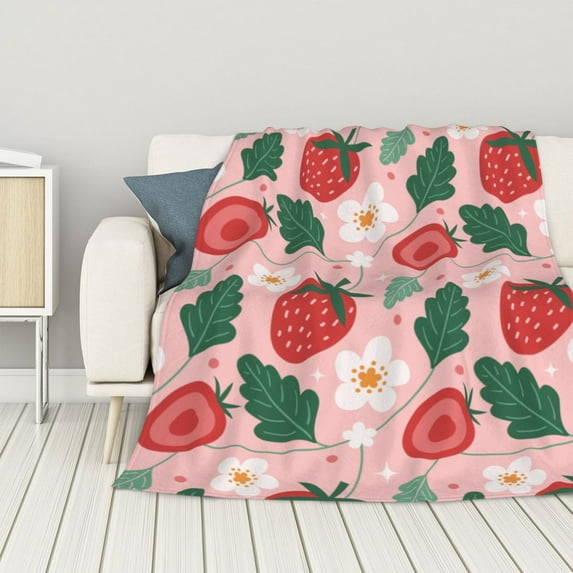 ZNDUO Lightweight Microfiber Bed Blanket, Cute Flower Strawberry Art Pattern Super Soft Flannel Cozy Throw Blankets, 60"x50"