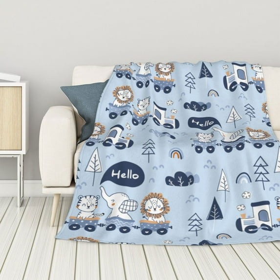ZNDUO Lightweight Microfiber Bed Blanket, Cute Tiger Lion Elephant Blue Pattern Super Soft Flannel Cozy Throw Blankets, 40"x30"