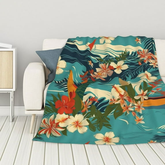 ZNDUO Lightweight Microfiber Bed Blanket, Hawaiian Surf Illustration Art Pattern Super Soft Flannel Cozy Throw Blankets, 60"x50"