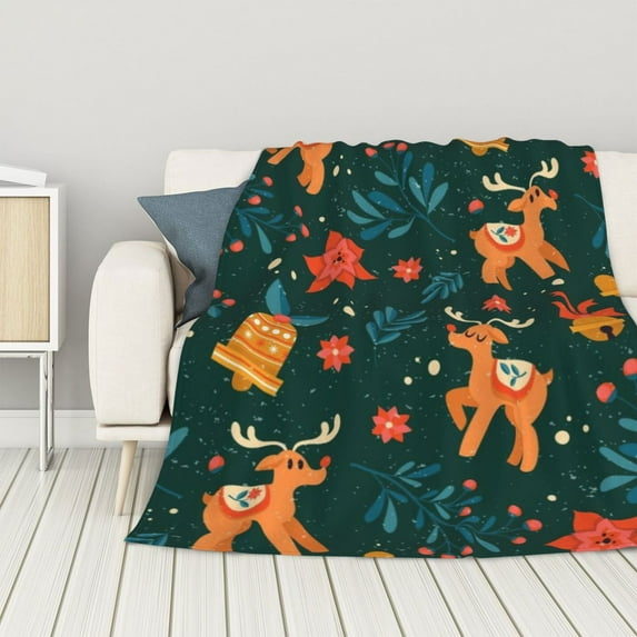ZNDUO Lightweight Microfiber Bed Blanket, Vintage Christmas Deer Green Pattern Super Soft Flannel Cozy Throw Blankets, 40"x30"