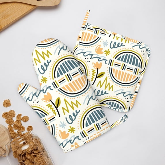 ZNDUO Non-Slip Cooking Oven Gloves, Abstract Doodle Retro Style Pattern Oven Mitts and Pot Holders Set