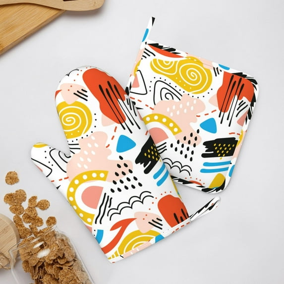 ZNDUO Non-Slip Cooking Oven Gloves, Cartoon Abstract Weather Graffiti Pattern Oven Mitts and Pot Holders Set