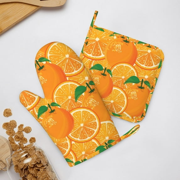 ZNDUO Non-Slip Cooking Oven Gloves, Oranges Sweet Tropical Fruit Art Pattern Oven Mitts and Pot Holders Set