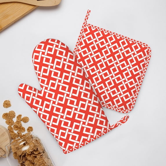 ZNDUO Non-Slip Cooking Oven Gloves, Red Mesh Texture Seamless Pattern Oven Mitts and Pot Holders Set