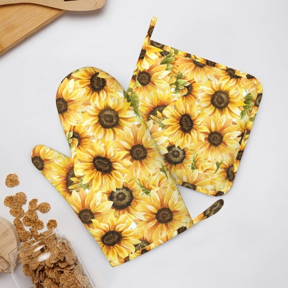 ZNDUO Non-Slip Cooking Oven Gloves, Sunflower Seamless Watercolor Art Pattern Oven Mitts and Pot Holders Set