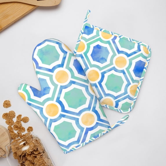 ZNDUO Non-Slip Cooking Oven Gloves, Watercolor Geometric Decoration Art Pattern Oven Mitts and Pot Holders Set