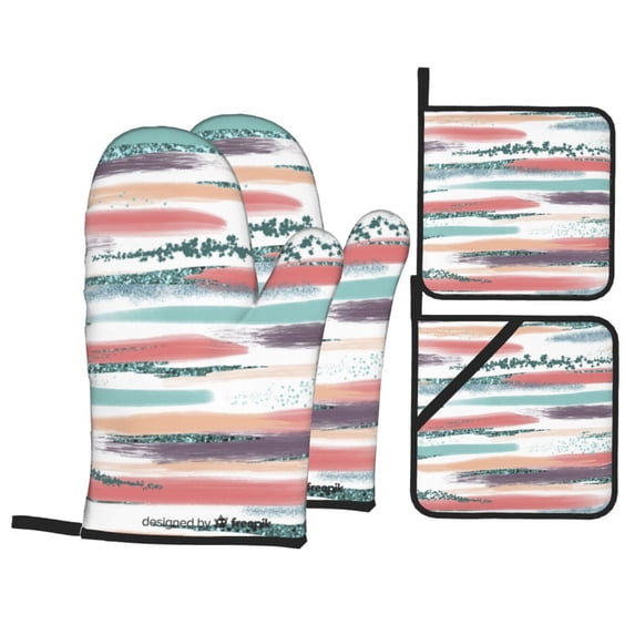 ZNDUO Oven Mitts and Pot Holders Sets, Colorful Abstract Watercolor Textures Pattern Non-Slip Cooking Oven Gloves