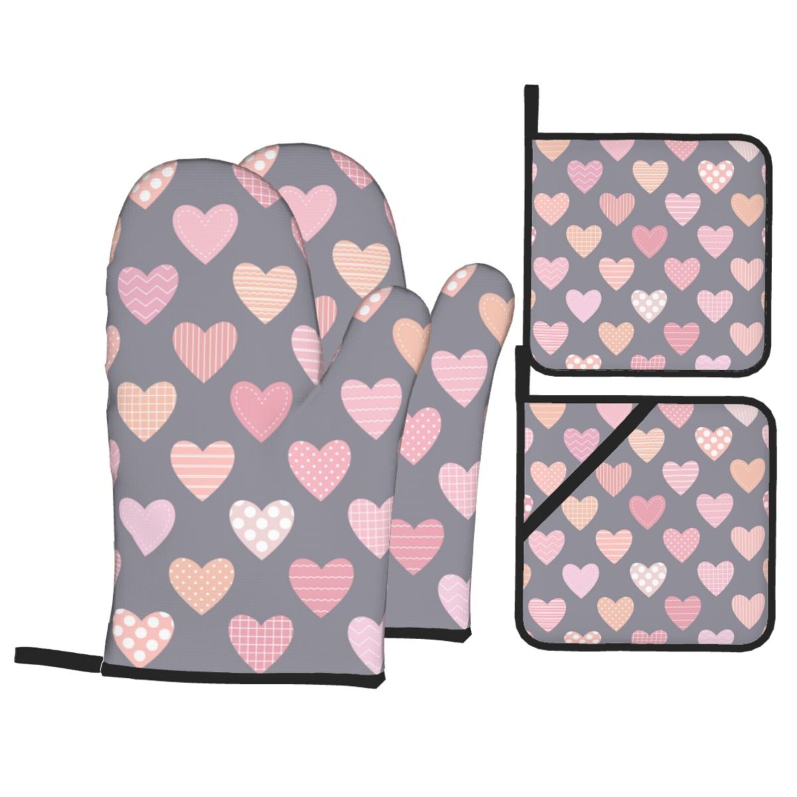 ZNDUO Oven Mitts and Pot Holders Sets, Cute Pink Hearts Valentine