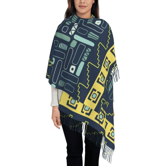 ZNDUO Retro Blue Boho Ethnic Pattern Pashmina Shawls，Wraps Winter Warm Soft Scarf for Women