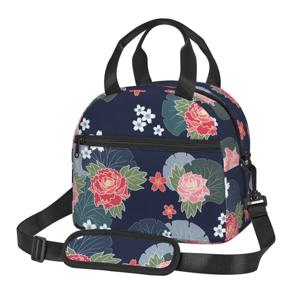 ZNDUO Reusable Lunch Box, Adjustable Shoulder Strap Vintage Floral Pattern Lunch Bag