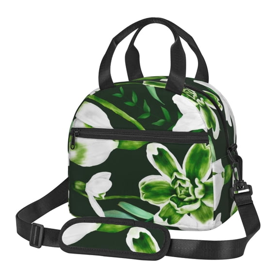 ZNDUO Reusable Lunch Box, Adjustable Shoulder Strap Vintage Green Flower Pattern Lunch Bag