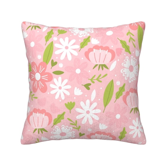 ZNDUO Square Home Decorative Throw Pillows, Corduroy Pink Cute Floral Doodle Pattern Couch Pillows, Throw Pillows for Bed, 18"x18"