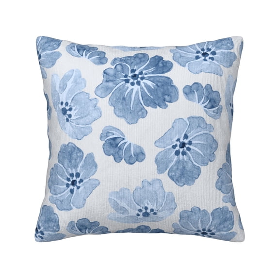 ZNDUO Square Home Decorative Throw Pillows, Corduroy Vintage Blue Watercolor Flower Pattern Couch Pillows, Throw Pillows for Bed, 18"x18"