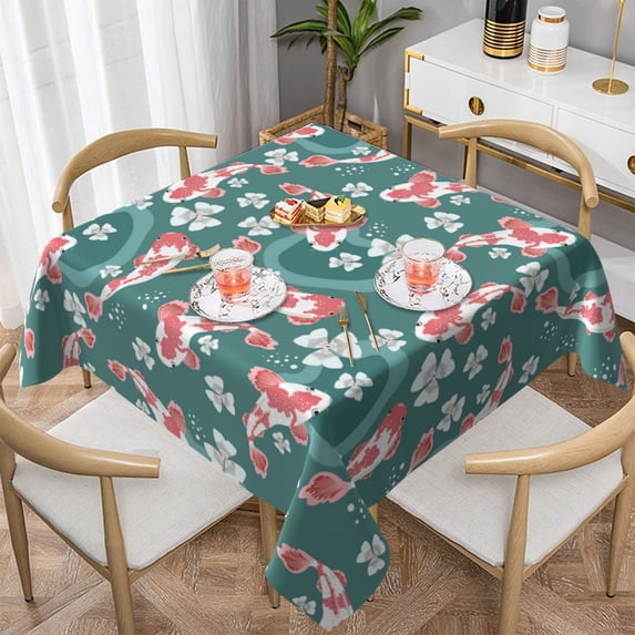 ZNDUO Square Waterproof Table Cloth, Washable Wrinkle Resistant Cute Carp Floral Doodle Art Pattern Polyester Table Cover, 54"x54"