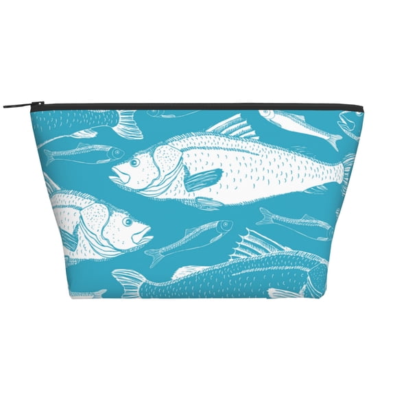 ZNDUO Travel Makeup Bag for Women Blue Vintage Fish Texture Toiletry Bag, Multifunctional Storage Bag Cosmetic Bag Make Up Organizer