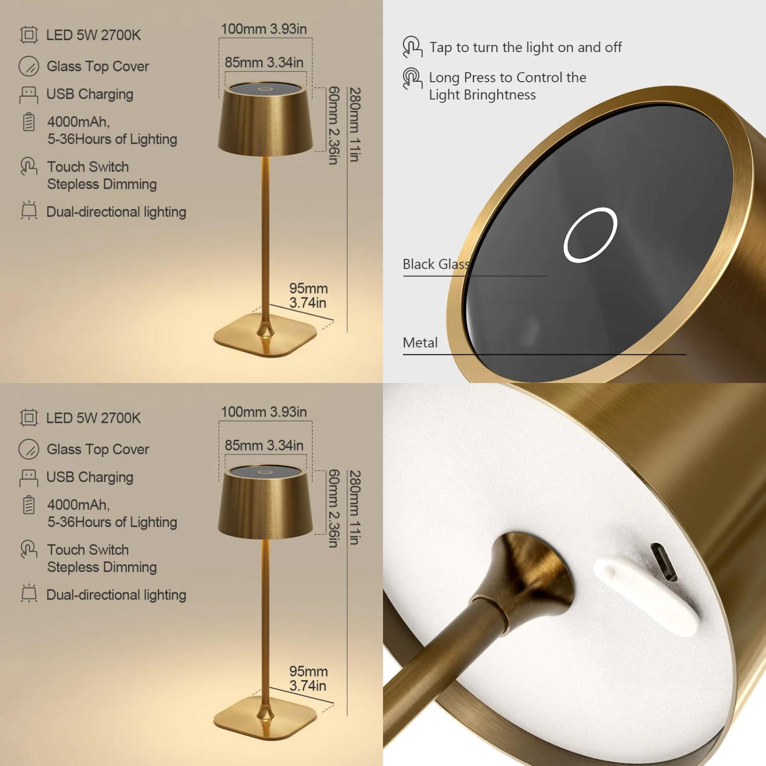ZNGPNG Portable Rechargeable LED Table Lamp Dimmable Glass Lampshade ...