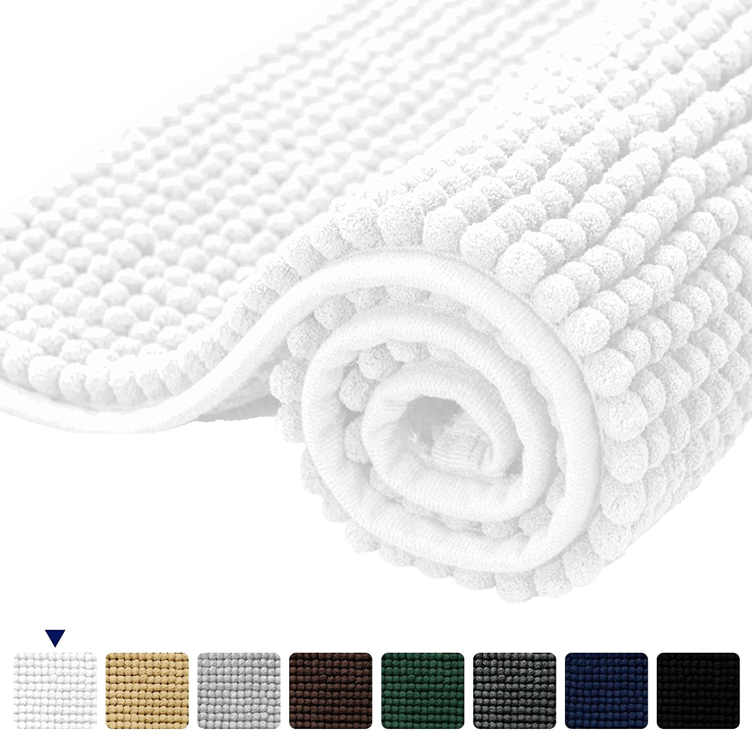 Luxurious White Chenille Medium Pile Washable Bath Mat