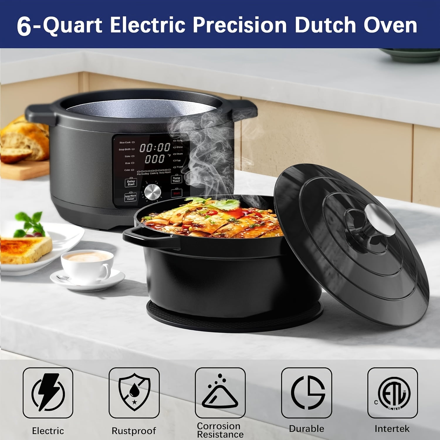 ZNGYXMN Black 6Quart Enameled Cast Iron Dutch Oven Large 1500W Cooking Pot for Slow Cooking