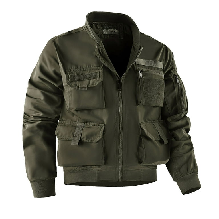 Men s Jackets Long Sleeve No Hat Zipper Pocket Casual Solid Color Outdoor Clothing Solid Color Zipper Multi Pocket Functional Flight Long Sleeved Casual Jacket Walmart