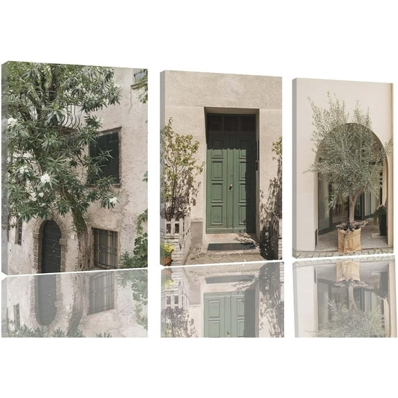 ZNN&ZNC Italy Wall Art Set of 3 Vintage Italian Olive Green Landscape Poster Kitchen Canvas Prints French Country Picture Painting Living Room Bedroom Decor(Only canvas)