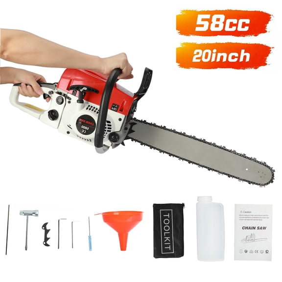 ZNNT Gas Chainsaw with 20 in Bar 2-Stroke 58- Cordless Gas Powered Chain Saw for Farm Garden Tree Wood Cutting Red & White