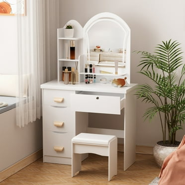 ZNNT Makeup Vanity Desk with LED Lighted Mirror, Vanity Table with 4 Drawers and Shelves, Bedroom Dressing Table with Stool, White