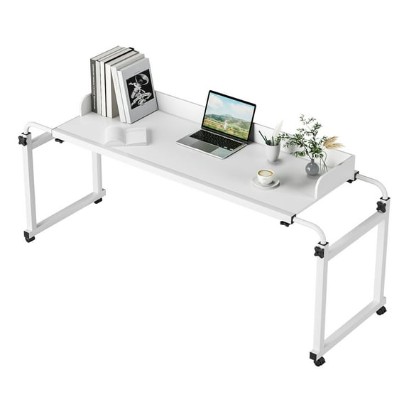 ZNNT Overbed Table with 360 Wheels, Mobile Over the Bed Computer Desk for Queen/Full Size Bed, White