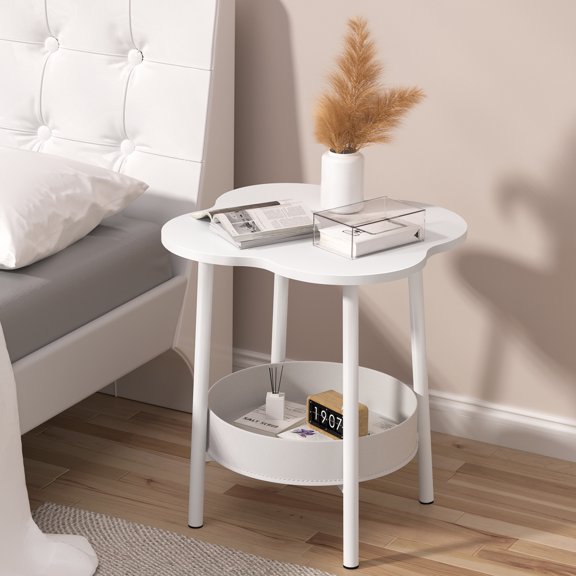 ZNNT Small Flower Side End Table, Modern Nightstand with Storage Shelf for Living Room, Bedroom, White