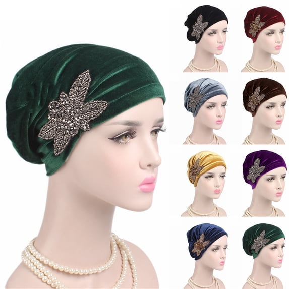 ZNQHFRE Luxury Velvet Turban for Women Soft Beaded Flower Head Wrap Elegant Chemo Hat Comfortable Stretchable Head Cover for Hair Loss Fashionable Ladies Headwear Black